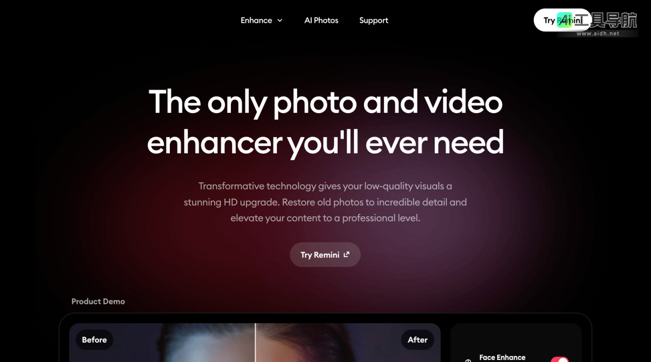 Remini AI照片增强工具（高清修复、照片上色、智能修图） 网站截图