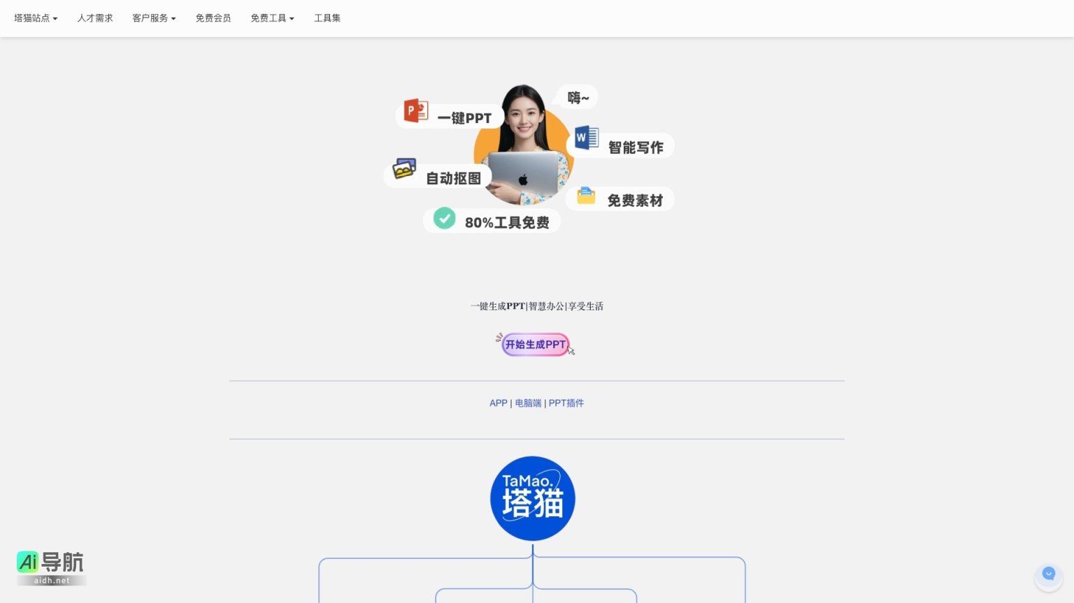 塔猫ChatPPT 通过AI一键生成PPT，助力用户高效办公、轻松生活 网站截图