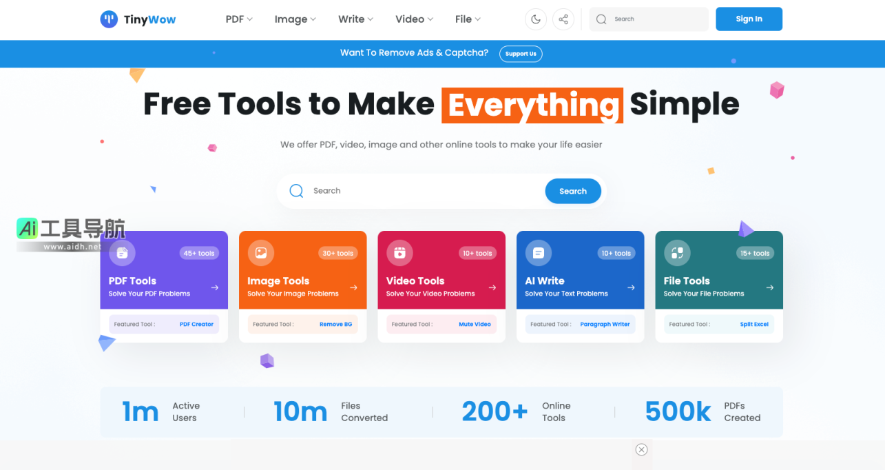 TinyWow 专注于 PDF、图像、视频、文本等文件的编辑和转换 网站截图