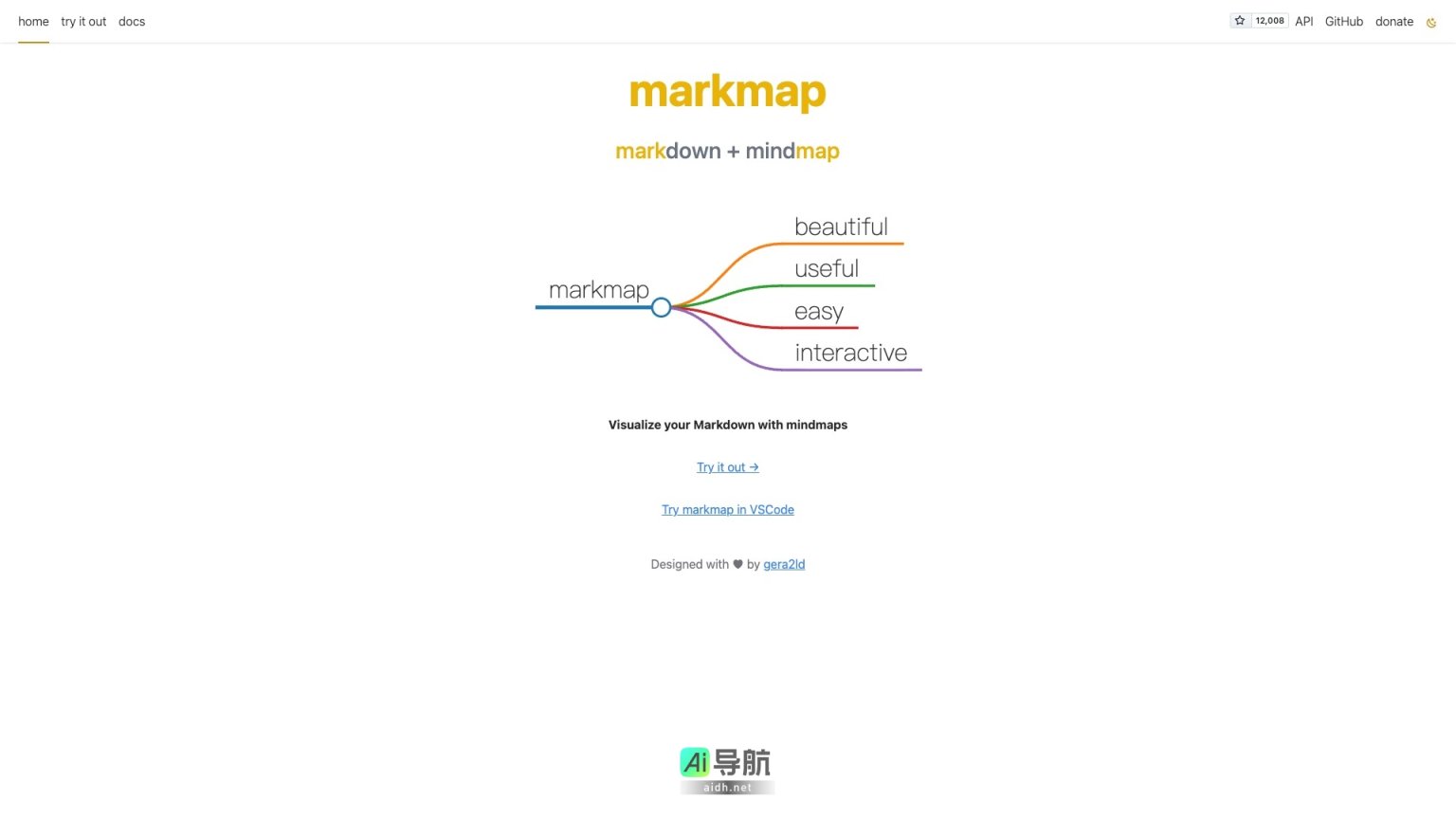 markmap Markmap 是一个将 Markdown 文档可视化为思维导图的工具，简单易用 网站截图