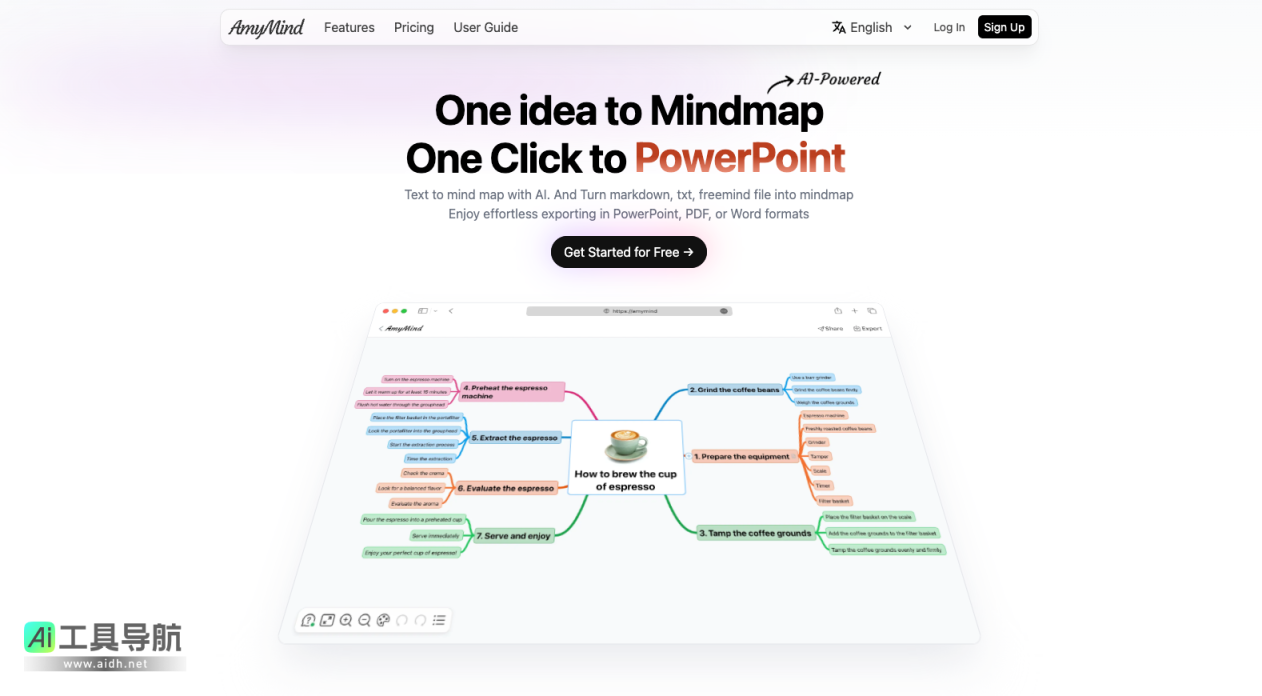AmyMind 利用AI提升思维导图创作效率 网站截图