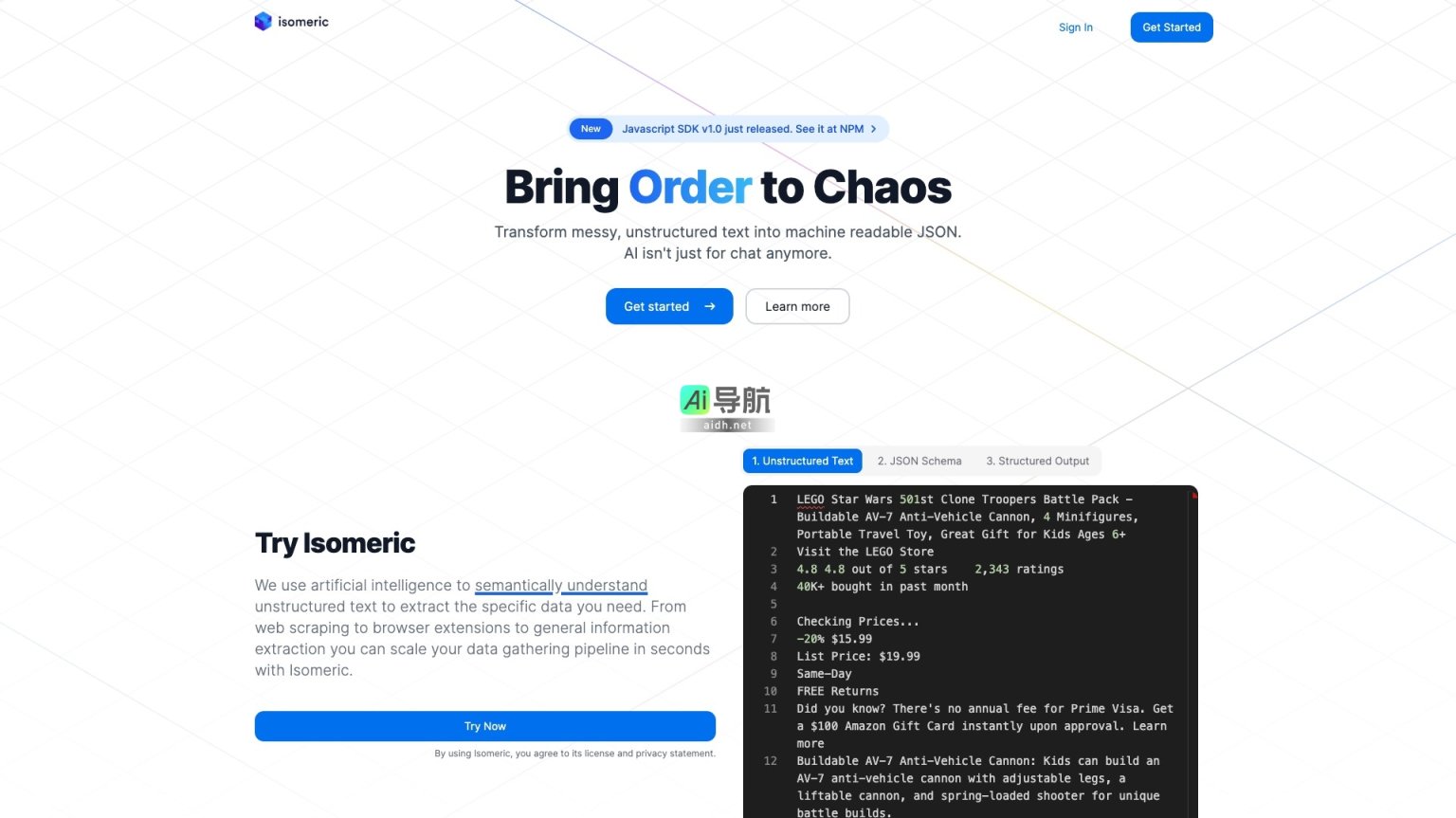 Isomeric 利用人工智能将非结构化文本转化为可读的JSON数据，简化数据提取过程 网站截图