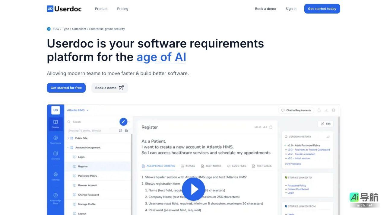Userdoc 是一个帮助团队高效编写软件需求的AI平台 网站截图