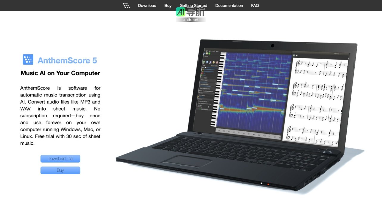 AnthemScore 是利用AI自动转录音乐的软件，简化音频到乐谱的转换过程 网站截图