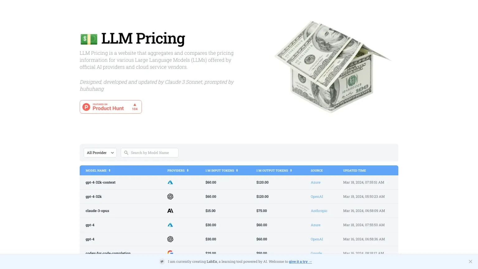 LLM Pricing 网站截图