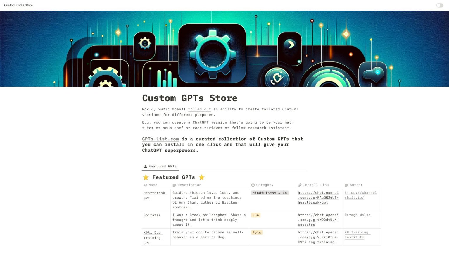 Custom GPTs Store 网站截图