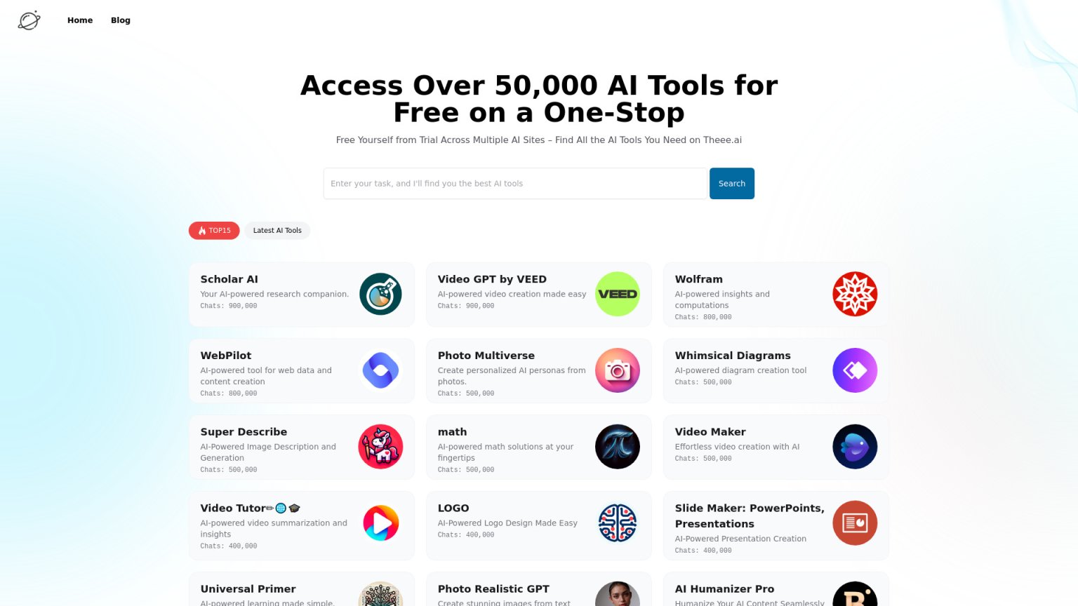 Theee.ai: Access Over 50,000 GPTs Tools Powered by GPT4o for Free 网站截图