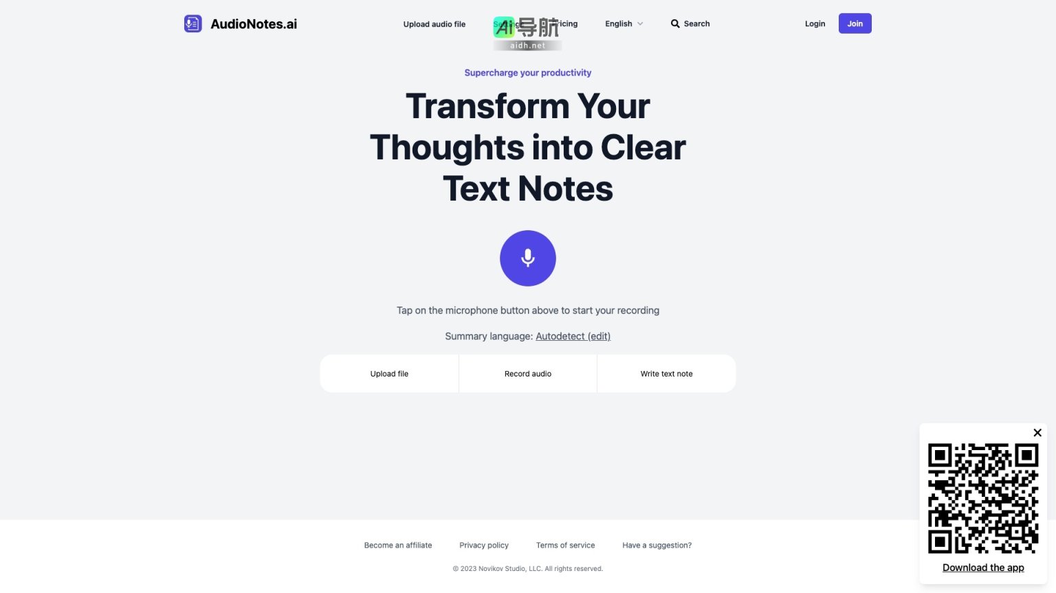 AudioNotes.ai 帮助用户将音频内容高效转化为清晰的文本笔记 网站截图
