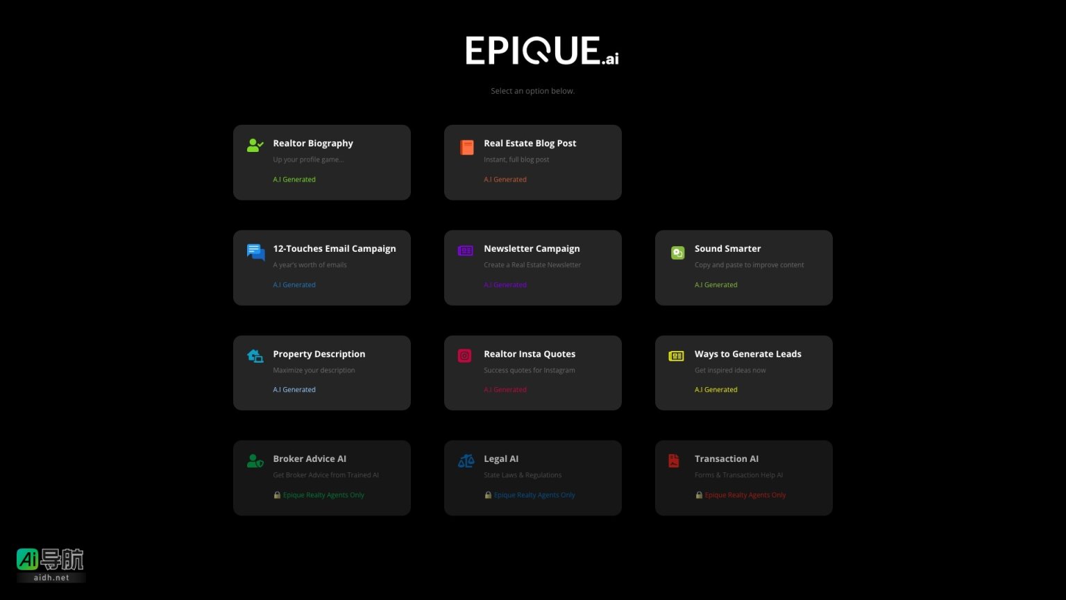 Epique AI 为房地产专业人士提供智能内容生成与营销工具 网站截图