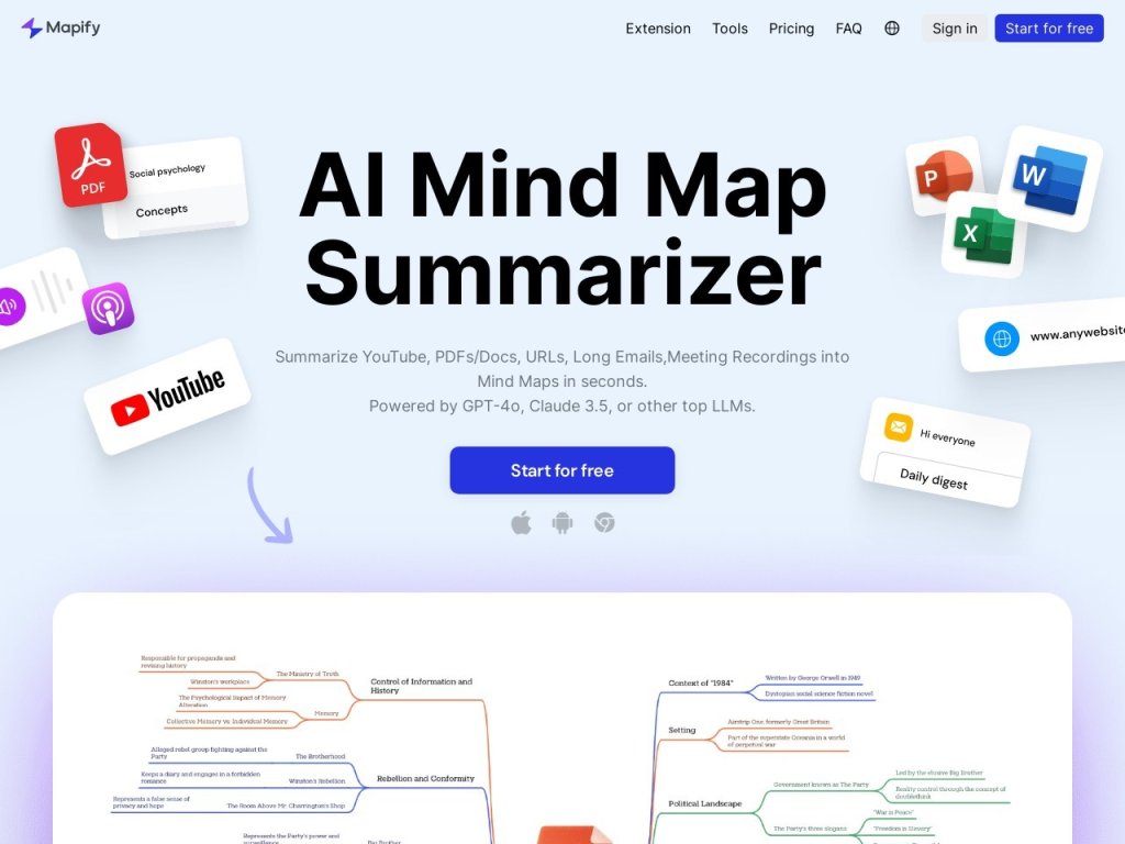 Mapify 智能化的思维导图生成神器，一键解析复杂信息，轻松高效助力学习、工作与创意无限发挥 网站截图