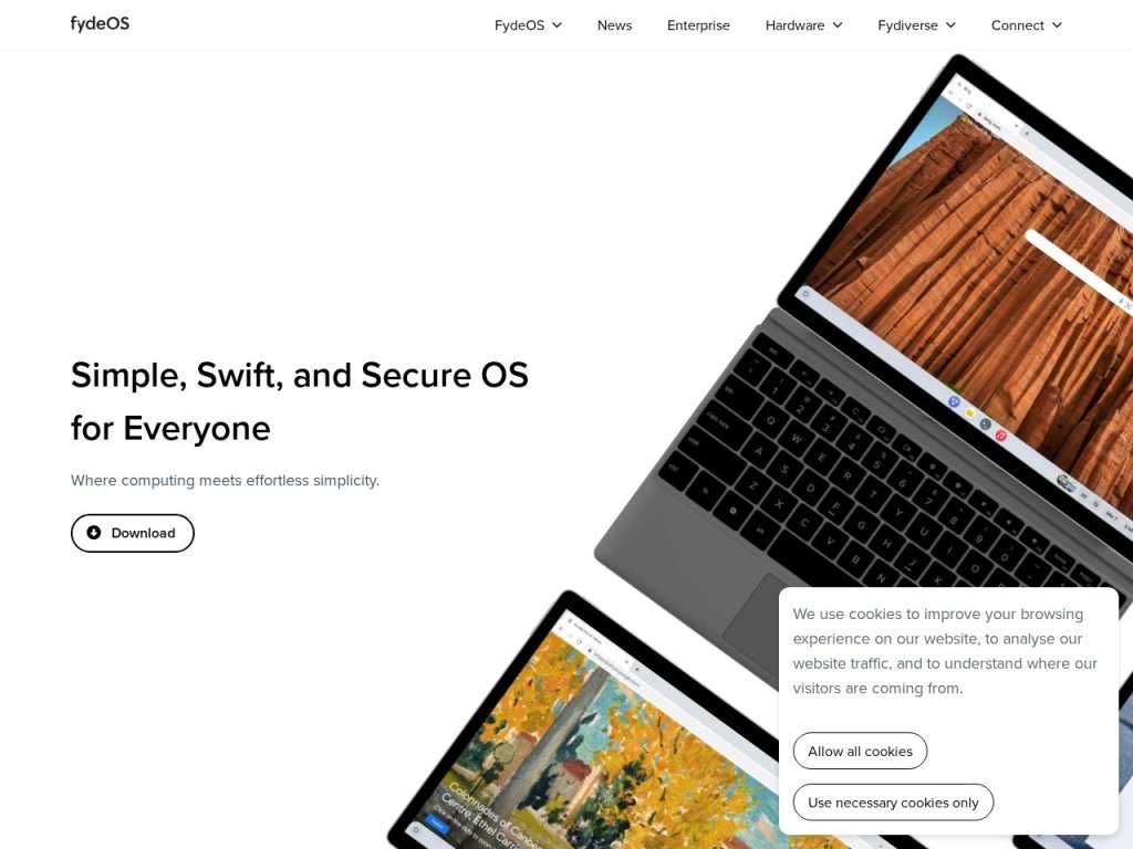 FydeOS 提供简单、安全、高效的多平台操作系统，支持多种应用，适合各类用户和企业 网站截图