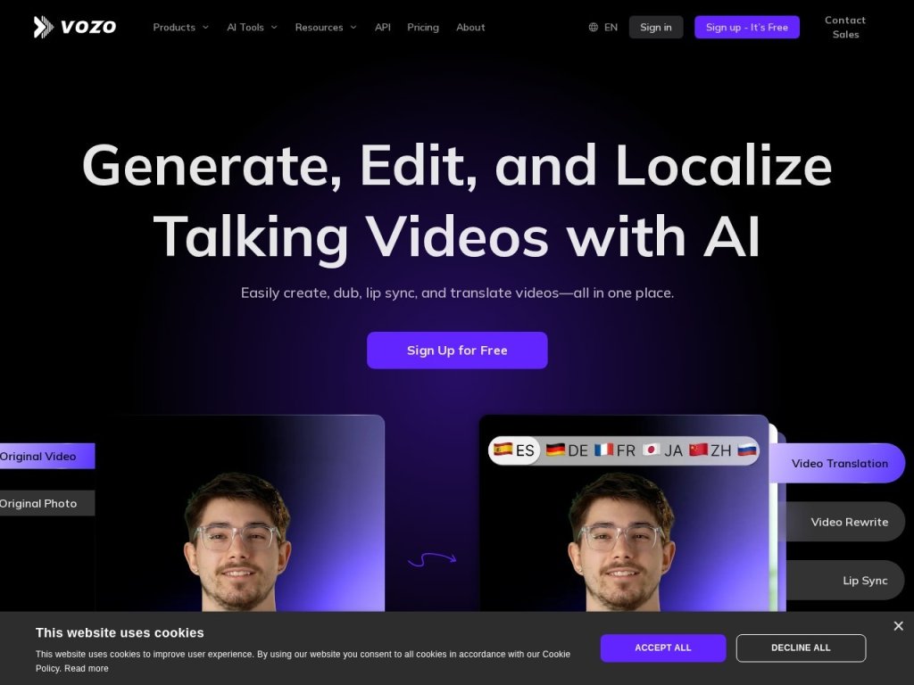 Vozo 通过AI技术简化视频生成、编辑和本地化，助力创作者与品牌提升全球影响力 网站截图