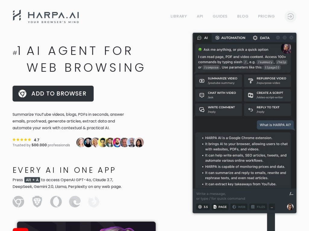 HARPA AI 是一个集成多种AI功能的浏览器扩展，旨在提升工作效率和自动化日常任务 网站截图