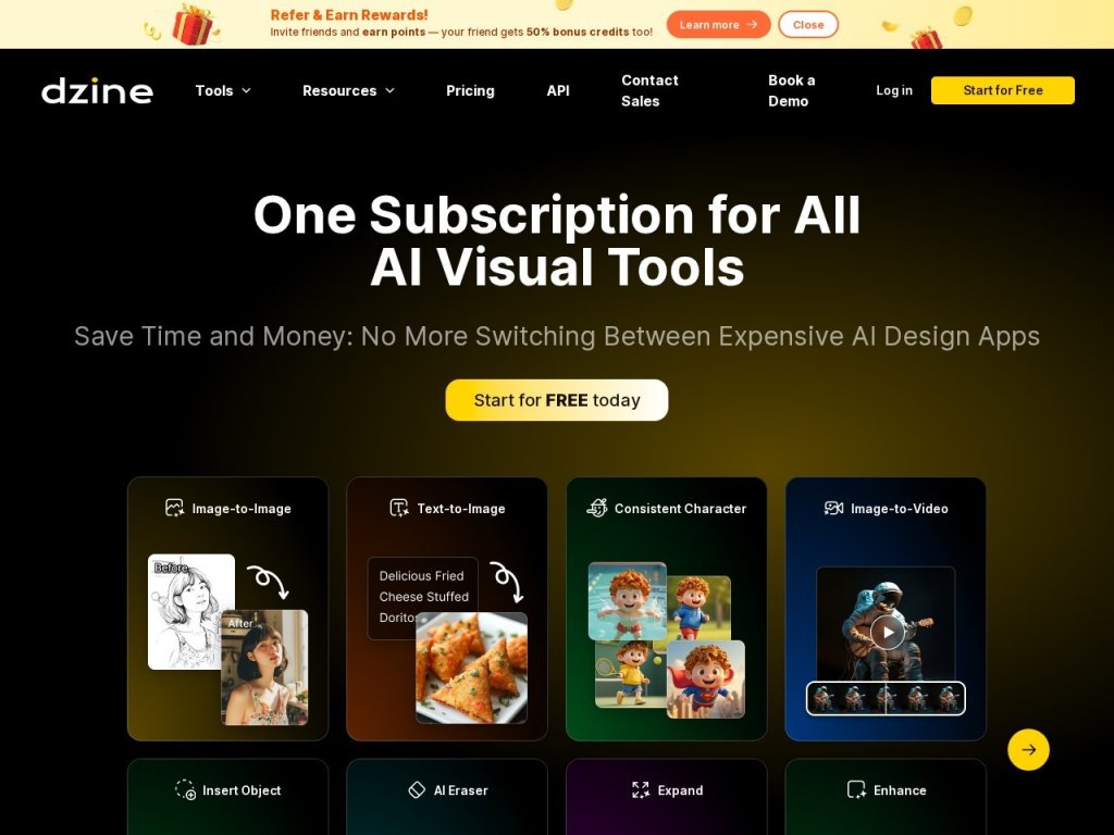 Dzine AI 一键生成创意图像，轻松实现风格转换与细节编辑，助您快速将想法变为视觉成 网站截图