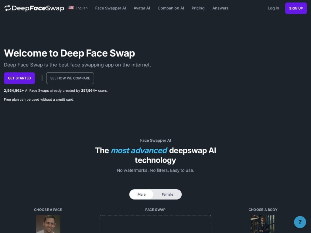 DeepFaceSwap.AI 提供先进的换脸和AI伴侣技术，用户可轻松创建个性化内容 网站截图