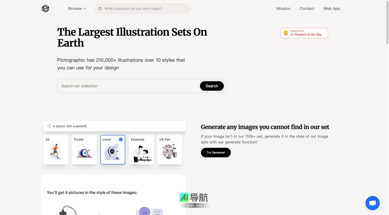 Pictographic 提供超过21万种插图，支持多样风格与定制，助力设计创作 网站截图