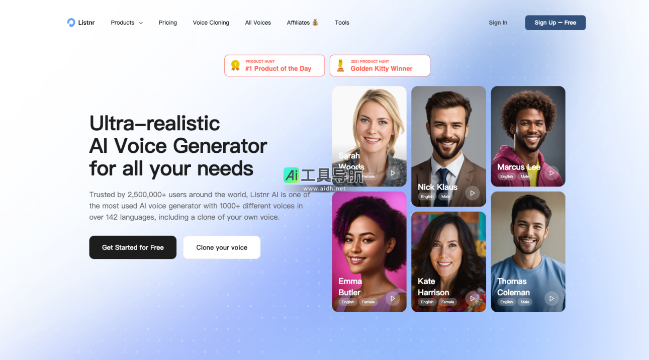 Listnr AI语音生成工具，超过1000种语音选择 网站截图