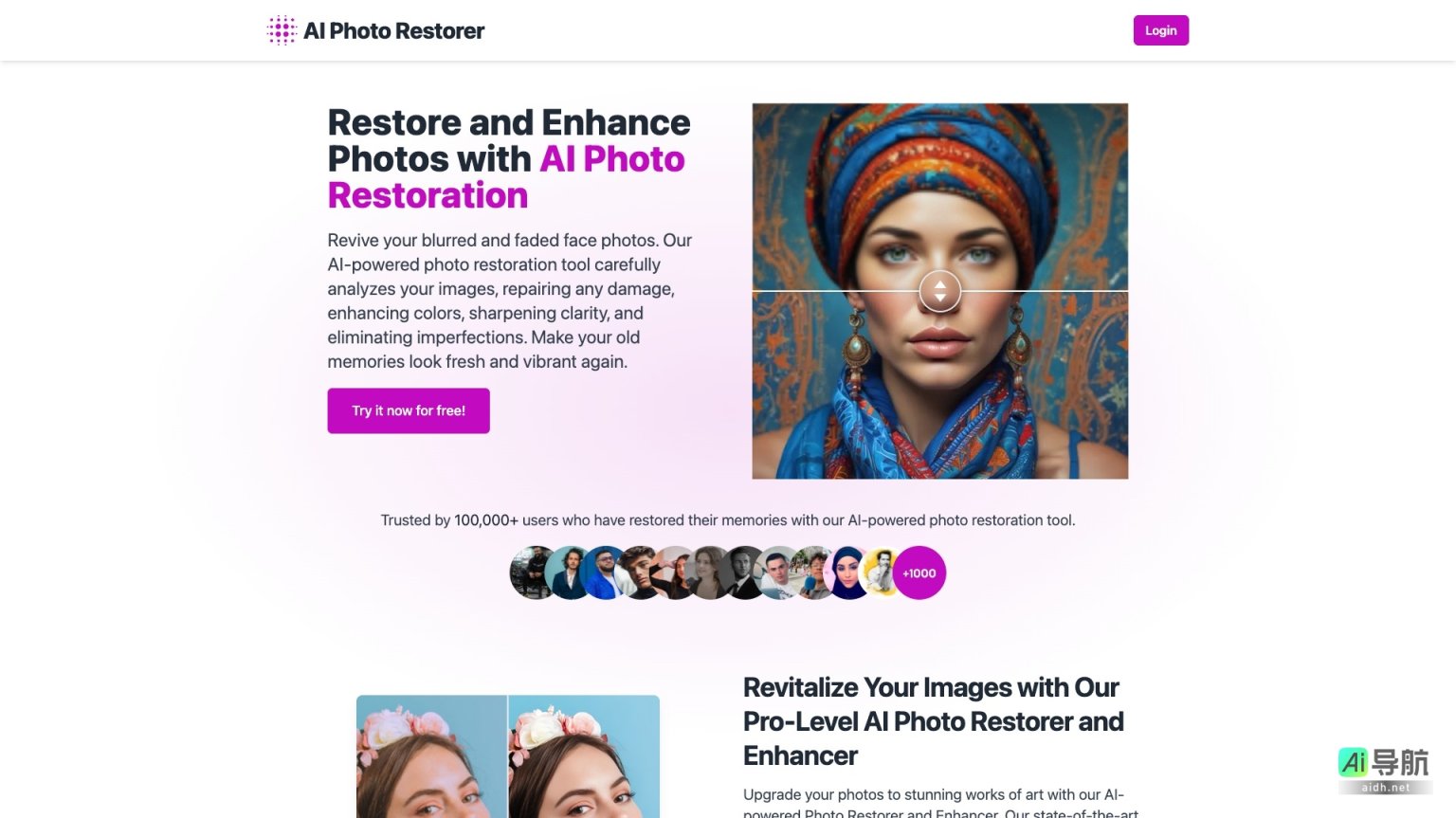 AI Photo Restorer 通过先进技术修复和增强照片，重现旧时记忆 网站截图