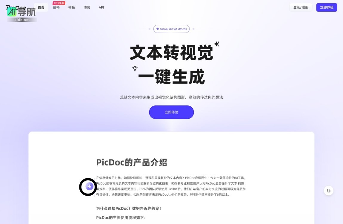 PicDoc 通过AI技术将文本快速转化为多样化的视觉图表，提升信息传达效率 网站截图