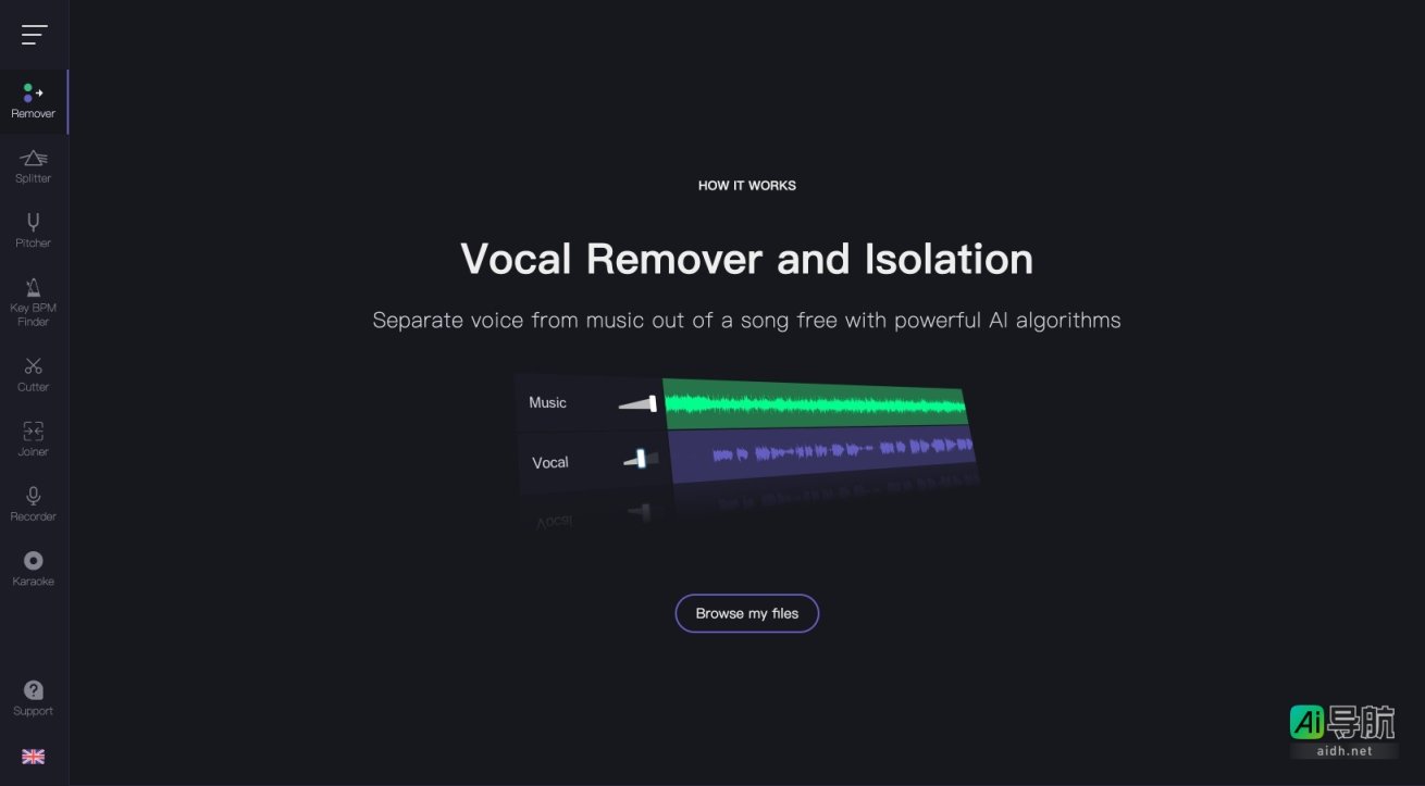 Vocal Remover 提供免费在线工具，利用AI技术快速分离歌曲中的人声与伴奏 网站截图