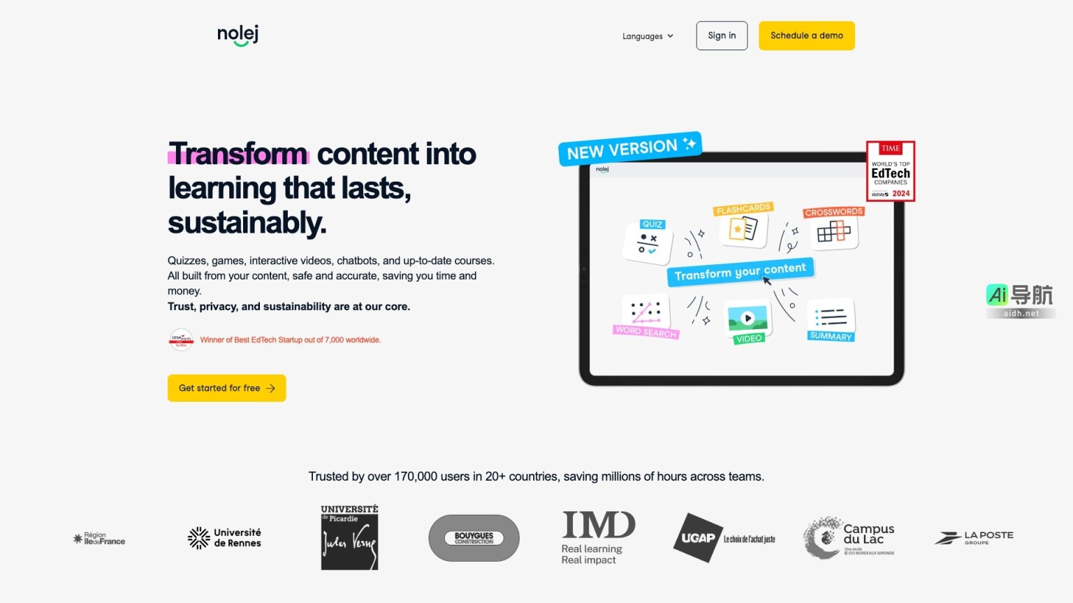 Nolej 通过安全、可持续的方式将内容转化为高效的学习活动，提升教育体验 网站截图