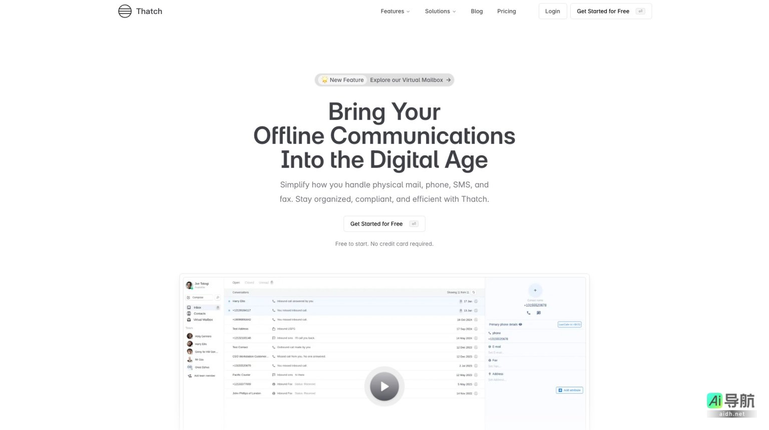 Thatch 提供一站式数字平台，简化管理邮件、电话、传真和短信的离线通信 网站截图