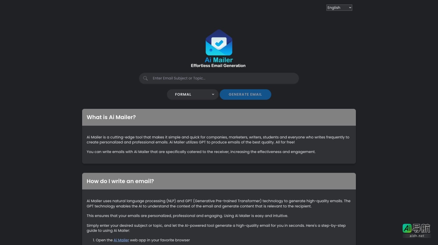 Ai Mailer 是一个免费、智能的邮件生成工具，帮助用户快速创建个性化、专业的邮件 网站截图