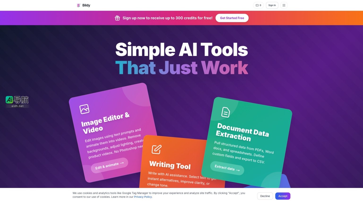 Bildy 提供简单易用的AI工具，帮助用户高效编辑图像、提取数据和创作内容 网站截图