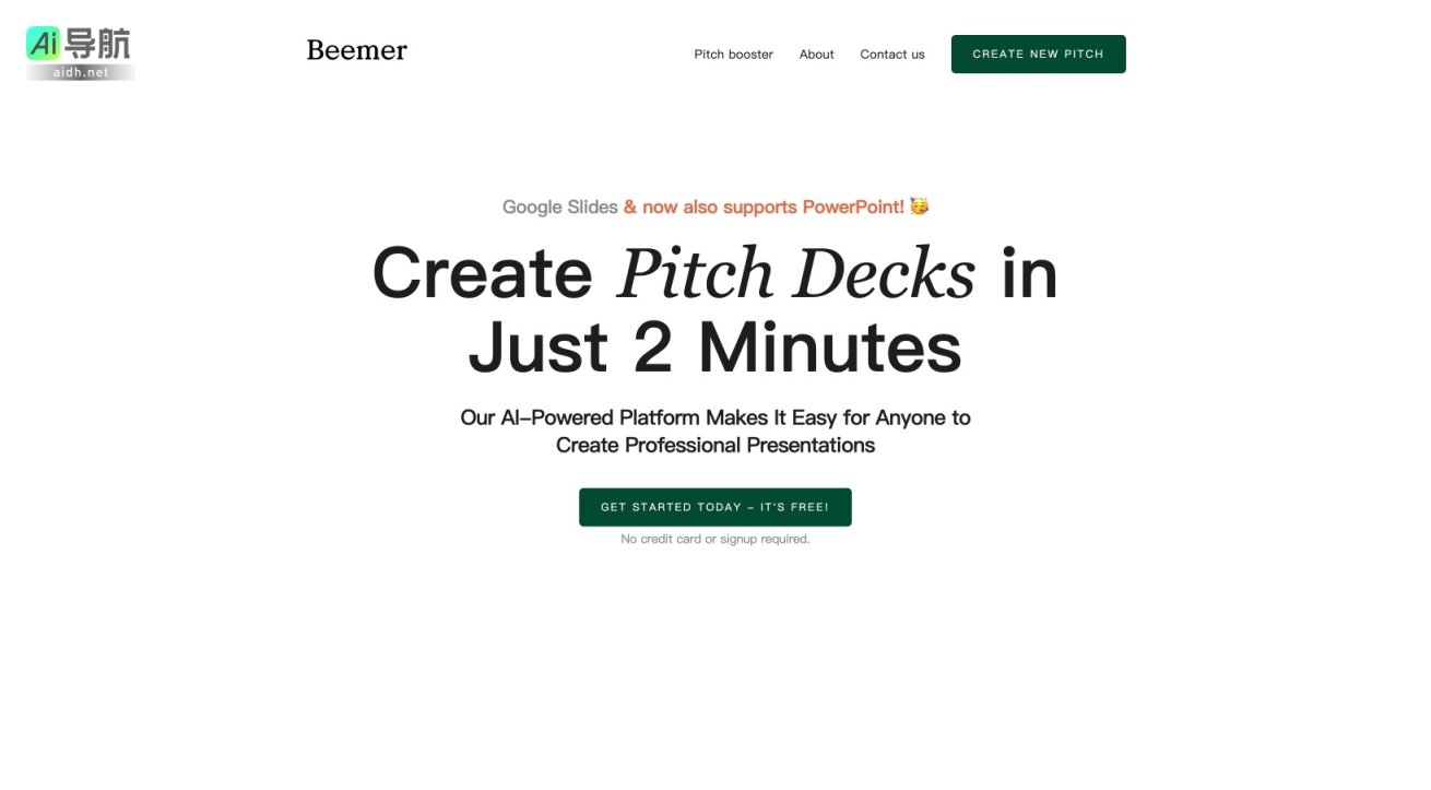 Beemer 是一个AI驱动的平台，帮助创业者快速高效地创建专业的Pitch Deck 网站截图