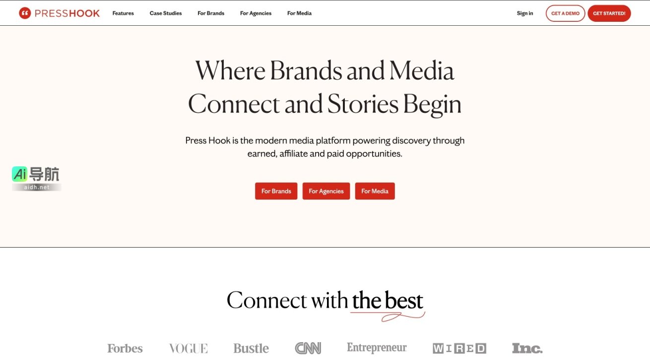Press Hook 是品牌、媒体与代理商连接的现代平台，推动故事传播与曝光 网站截图