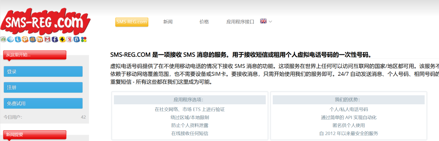 SMS REG 网站截图