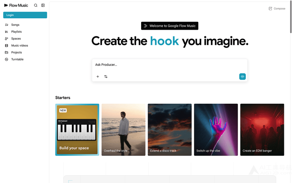 Google Flow Music 网站截图