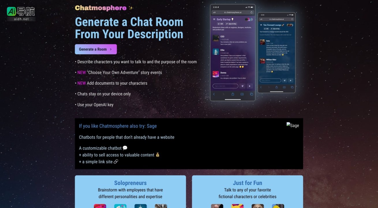 Chatmosphere ✨ Chatmosphere 是一个让用户根据描述生成聊天房间的创新平台，支持角色互动与故事情节发展 网站截图