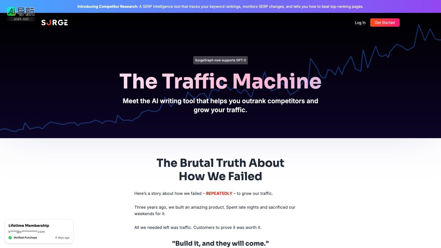 Surge Graph Vertex通过竞争对手研究和AI写作工具，帮助用户快速生成高质量内容，实现流量增长 网站截图