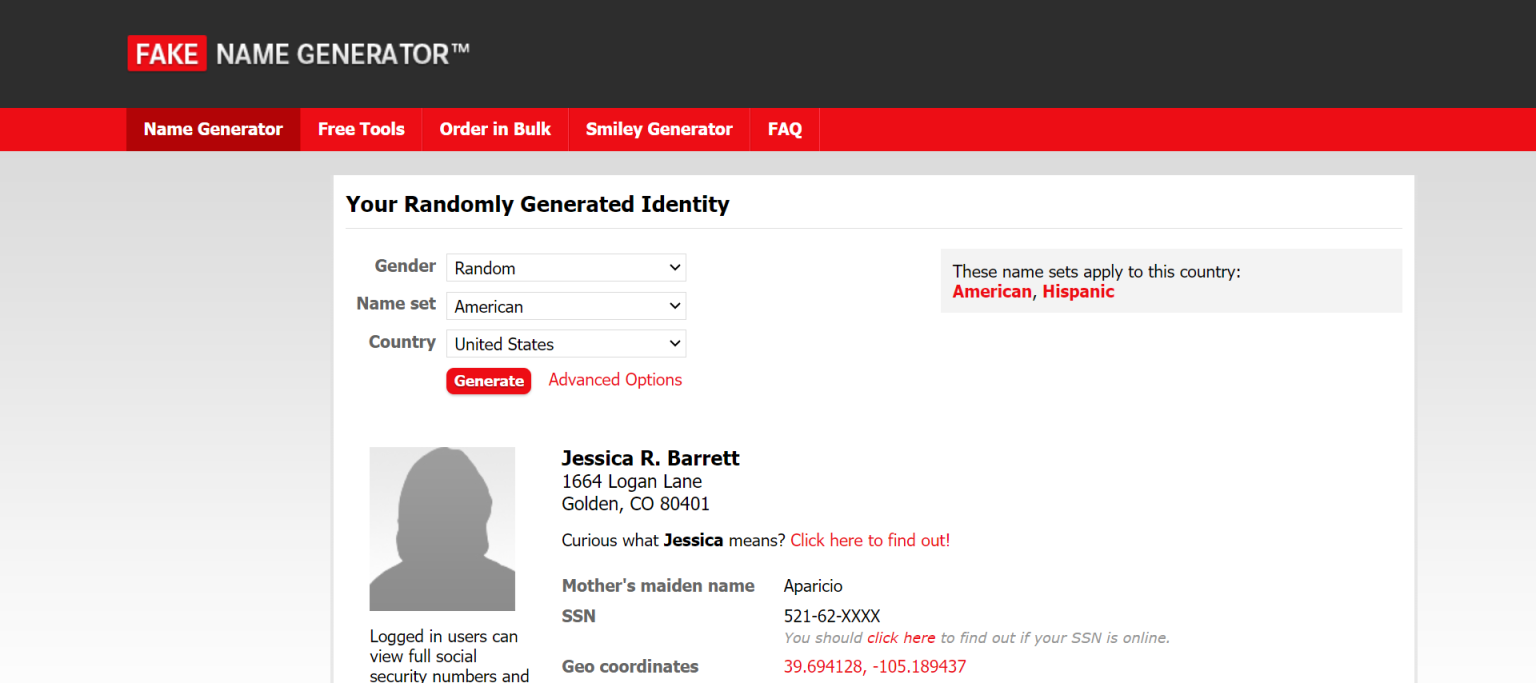 虚拟身份信息 网站截图