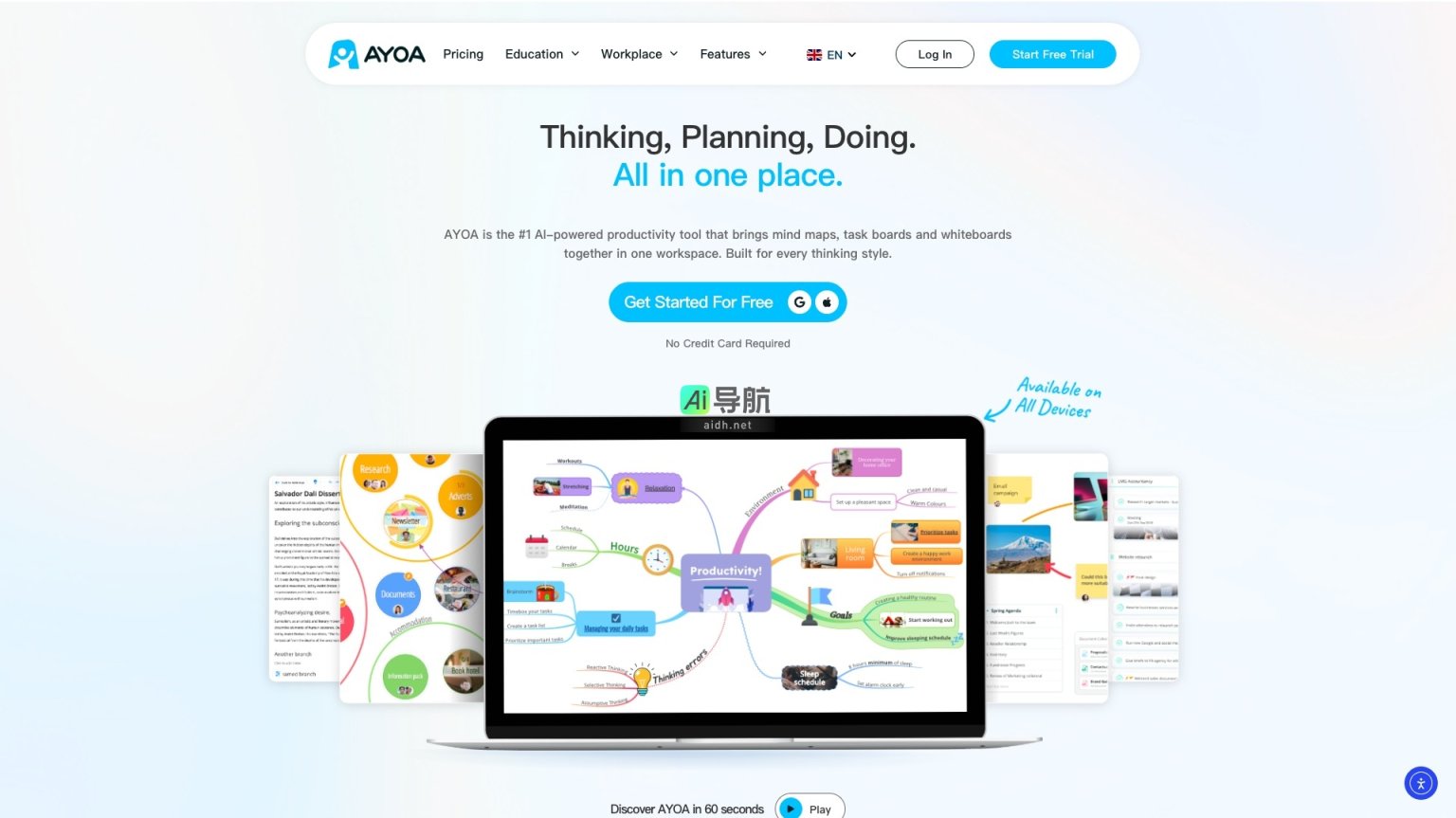 Ayoa AI AYOA是集思维导图、任务板和白板于一体的AI驱动生产力工具，助力高效组织与创意实现 网站截图