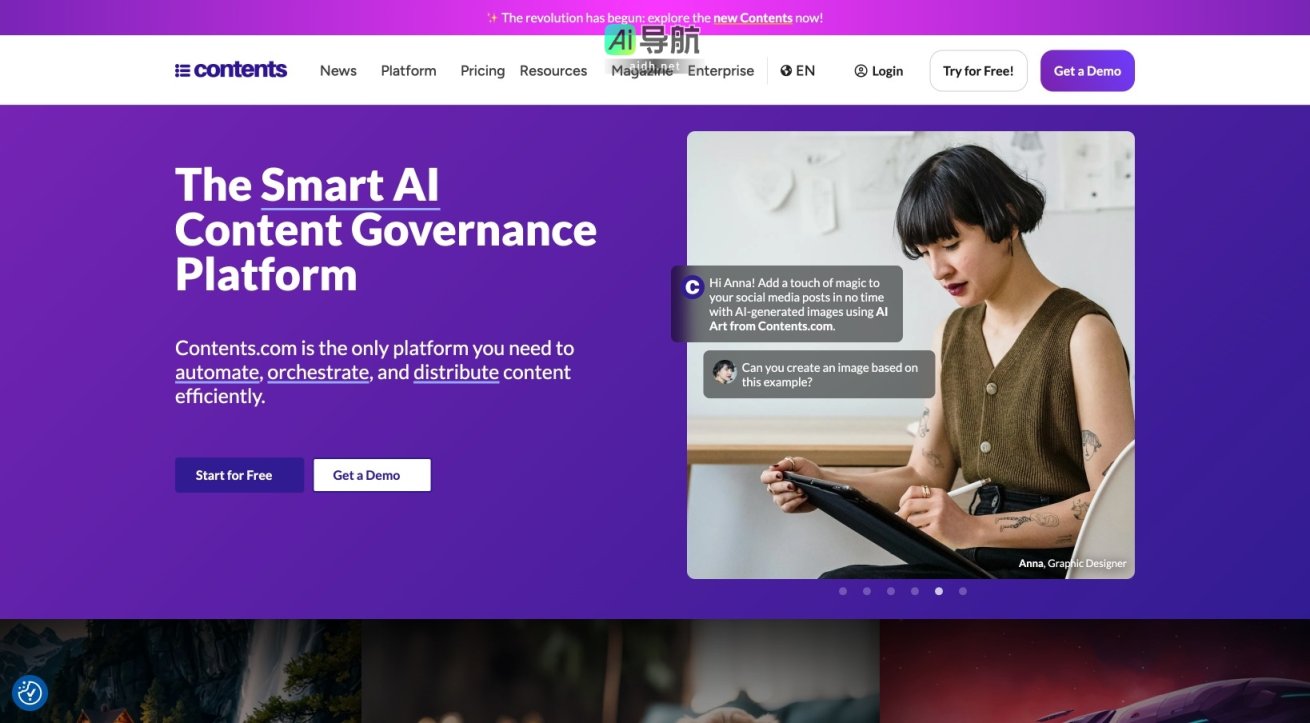 Contents .com 是一站式 AI 内容创作平台，助力高效生成和管理多种格式的优质内容 网站截图
