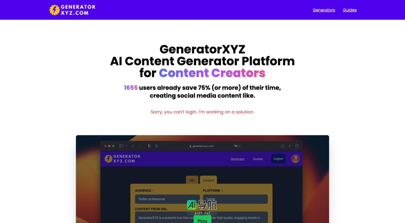 Generator XYZ 提供AI工具，帮助内容创作者快速生成社交媒体内容和优化SEO，提高工作效率 网站截图