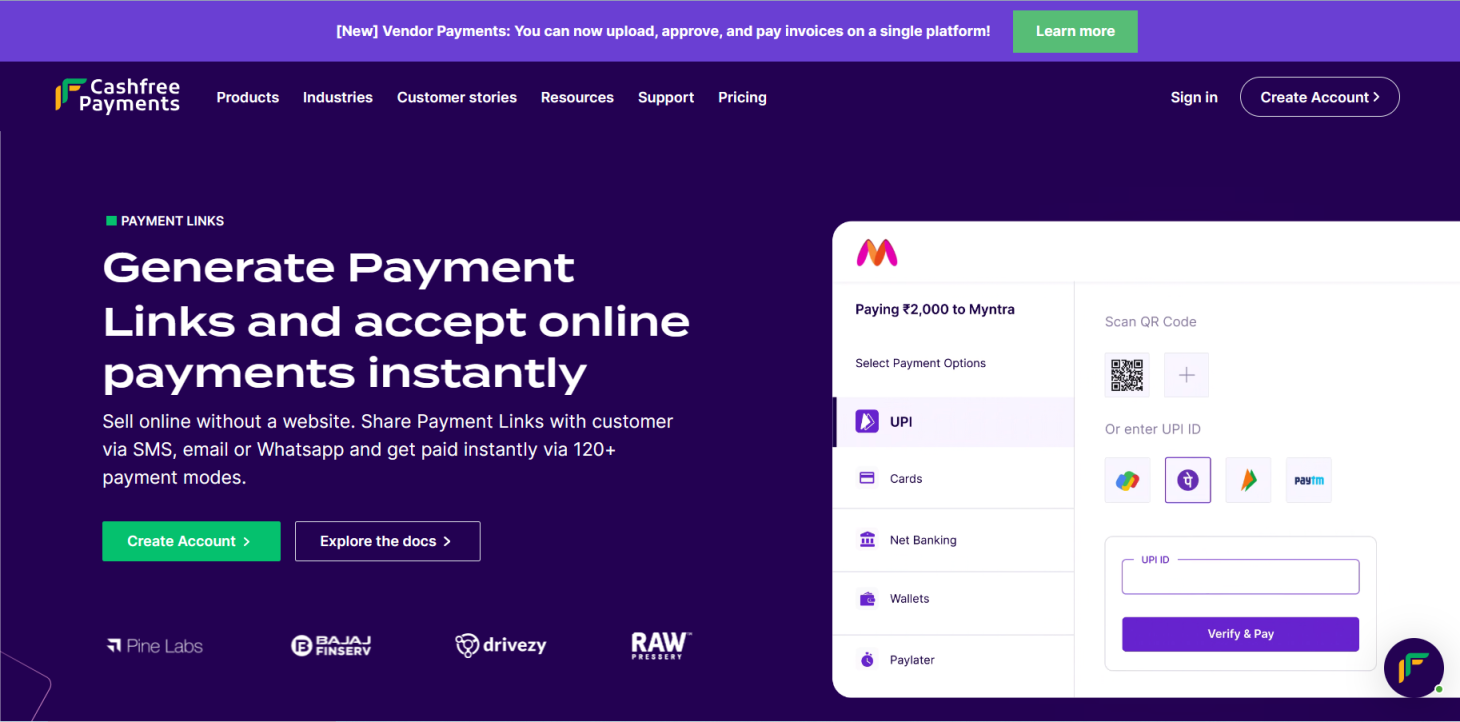 Cashfree 网站截图
