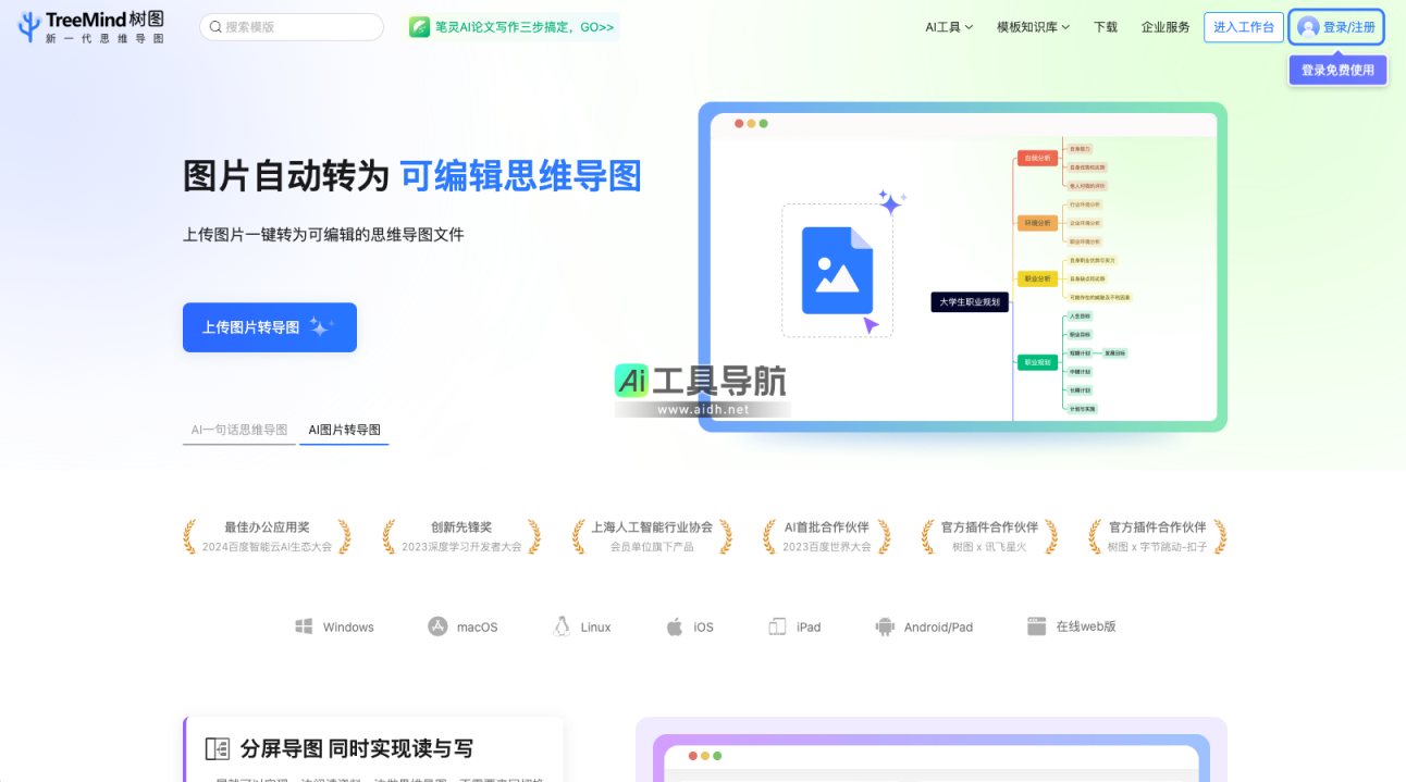 树图TreeMind 在线AI思维导图软件，免费脑图模板 网站截图