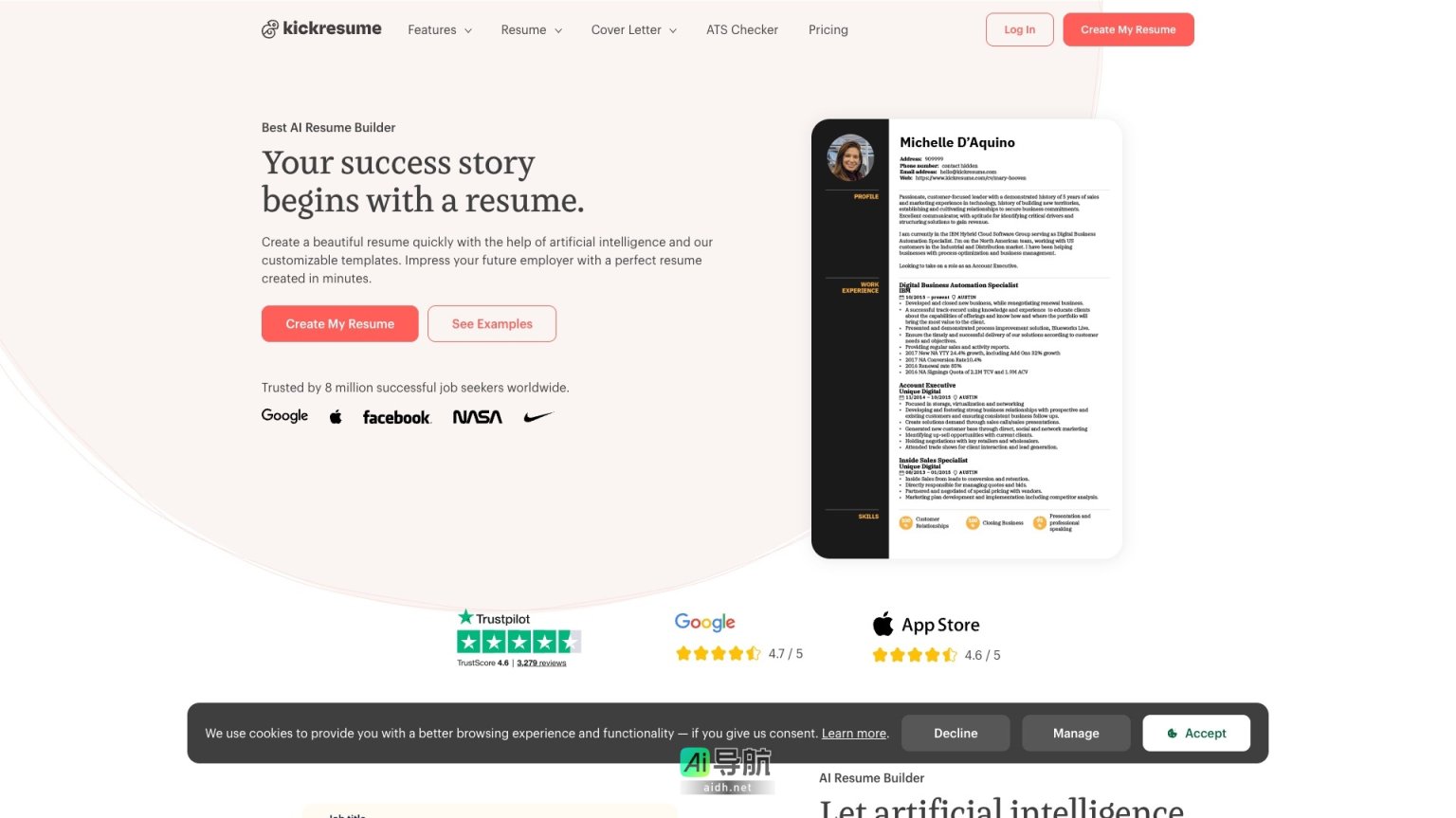 Kickresume 通过AI技术和专业模板，帮助求职者快速创建出色的简历和求职信 网站截图