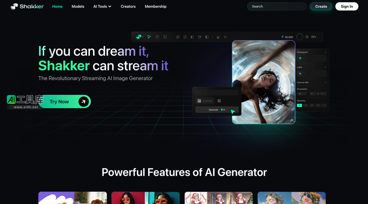Shakker 专为视觉内容的创作而设，集成多个强大的AI图像工具 网站截图