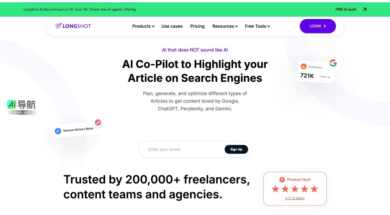 LongShot AI 提供高效的内容生成与优化，确保生成的文本高质量、可信且符合SEO标准 网站截图
