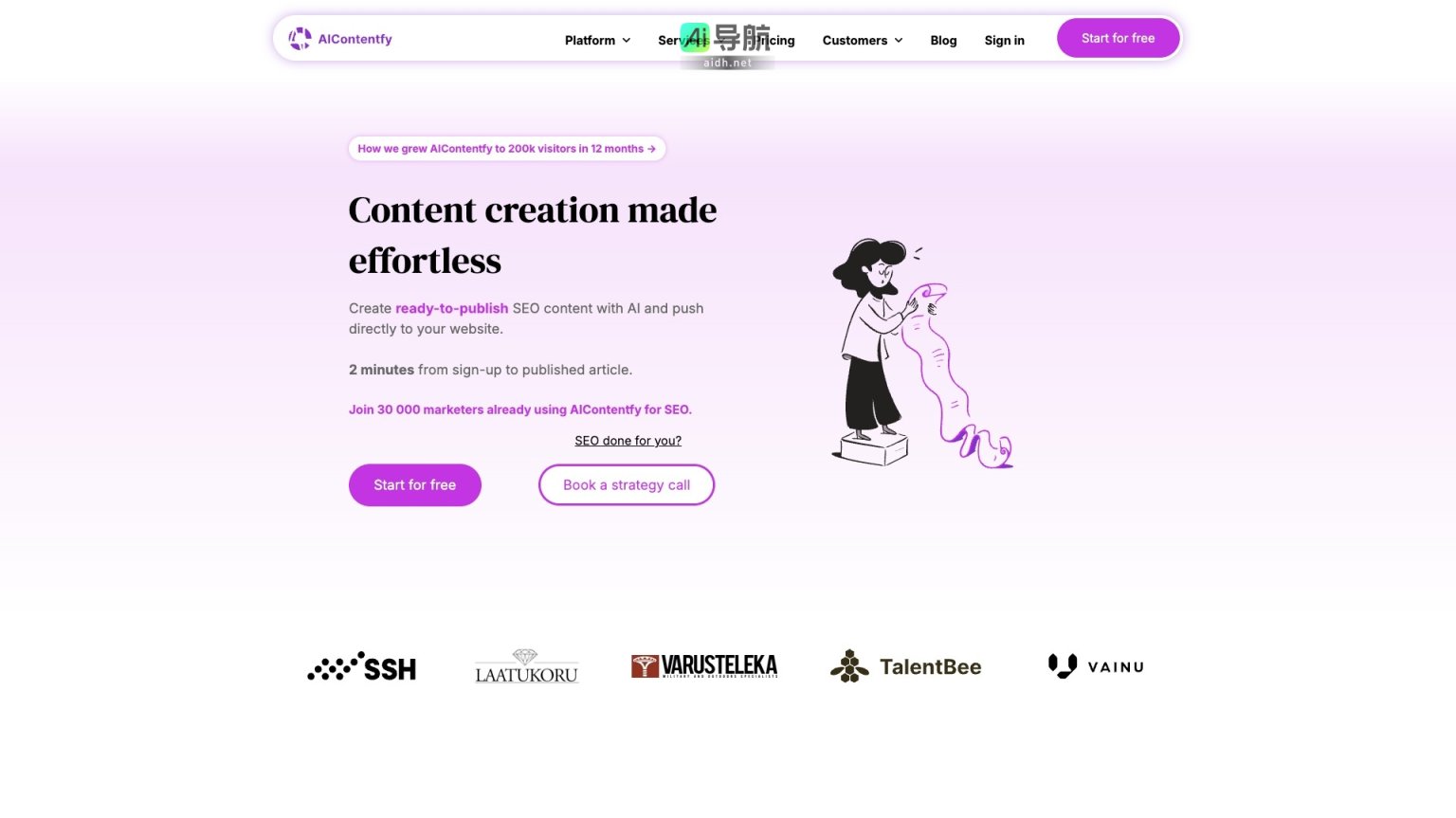 AIContentfy 提供一站式AI驱动的SEO内容创作平台，助力快速发布高质量文章 网站截图