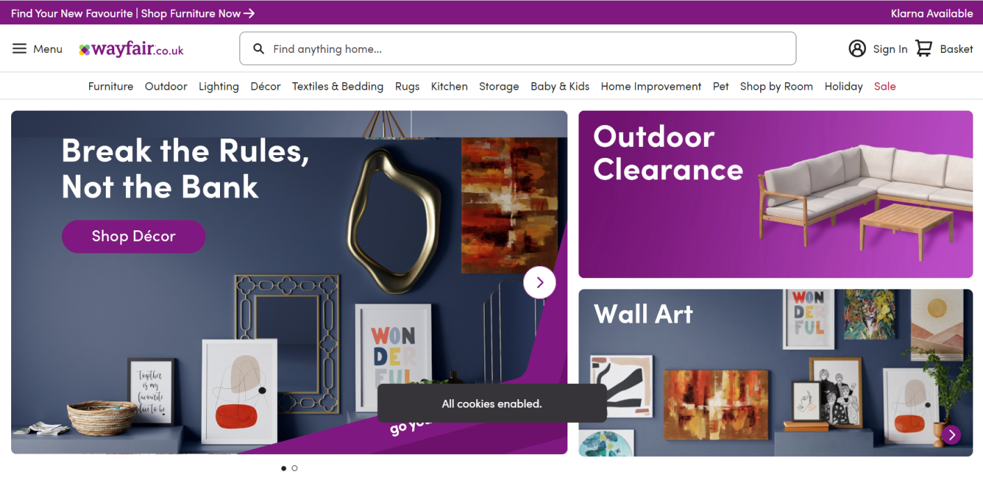 Wayfair英国 网站截图