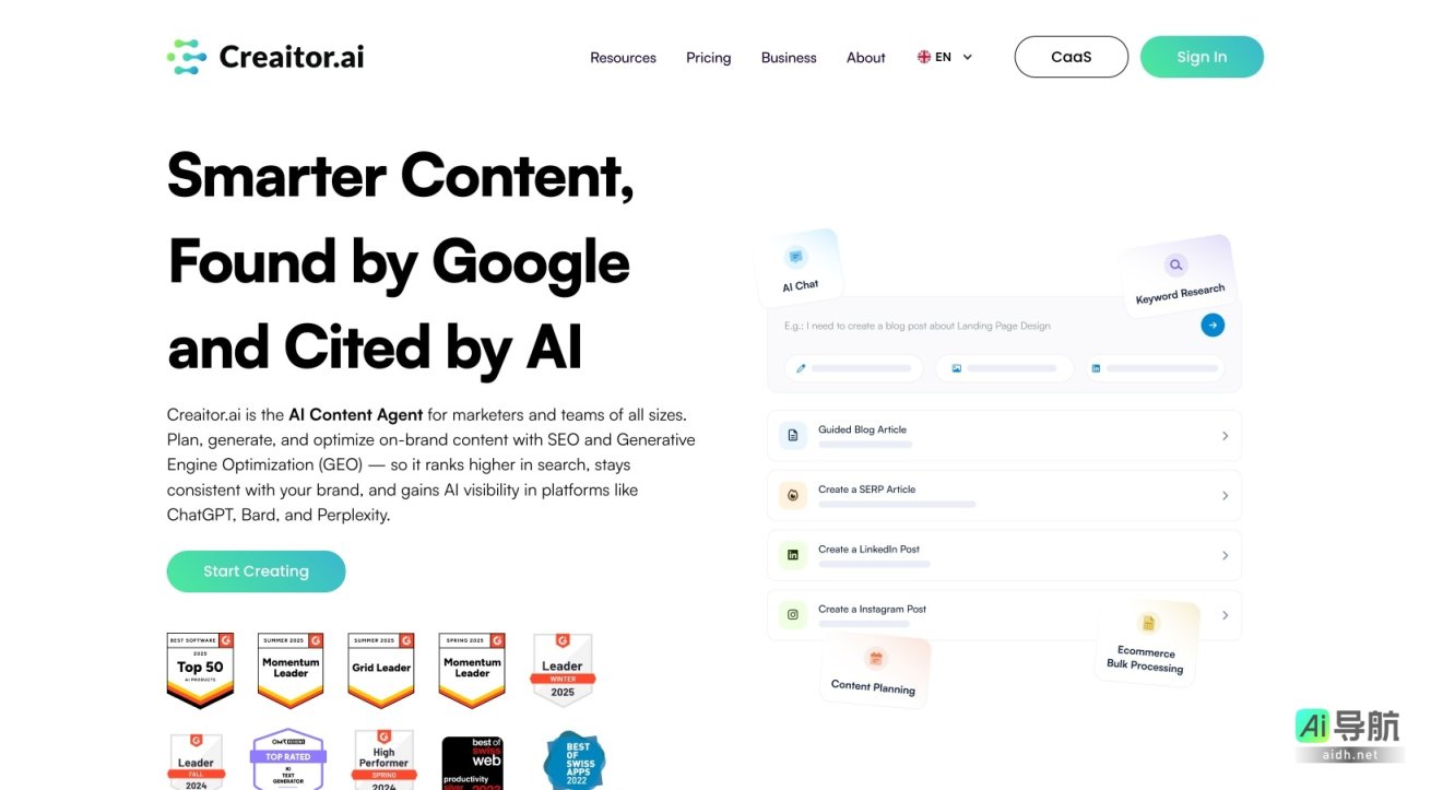 Creaitor 是为市场营销团队提供AI驱动内容生成与优化的综合平台，助力提升品牌可见度与搜索排名 网站截图