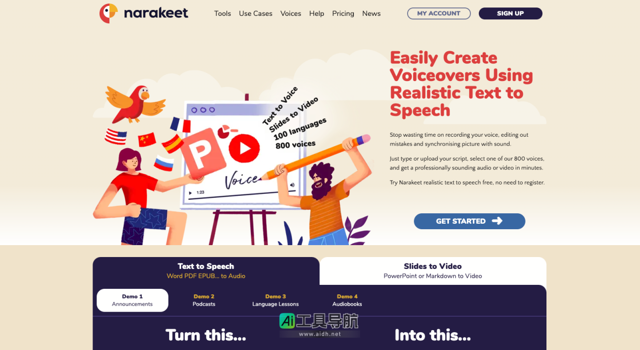 Narakeet AI生成语音和AI配音视频生成工具 网站截图