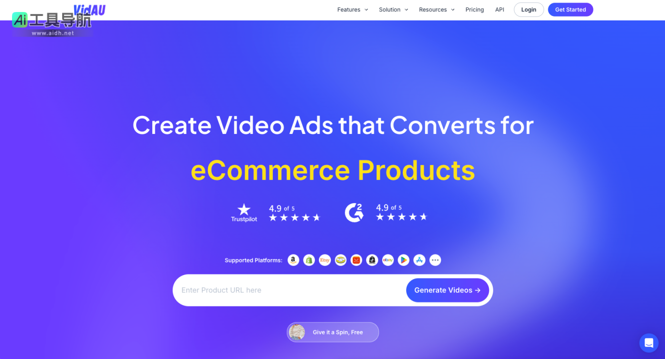 VidAU AI AI 视频生成器-一键生成病毒式视频广告 网站截图