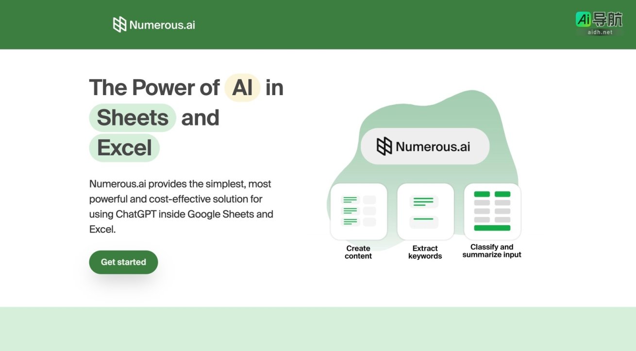 Numerous.ai 提供简便高效的 AI 工具，助力用户在 Google Sheets 和 Excel 中轻松应用 ChatGPT 网站截图