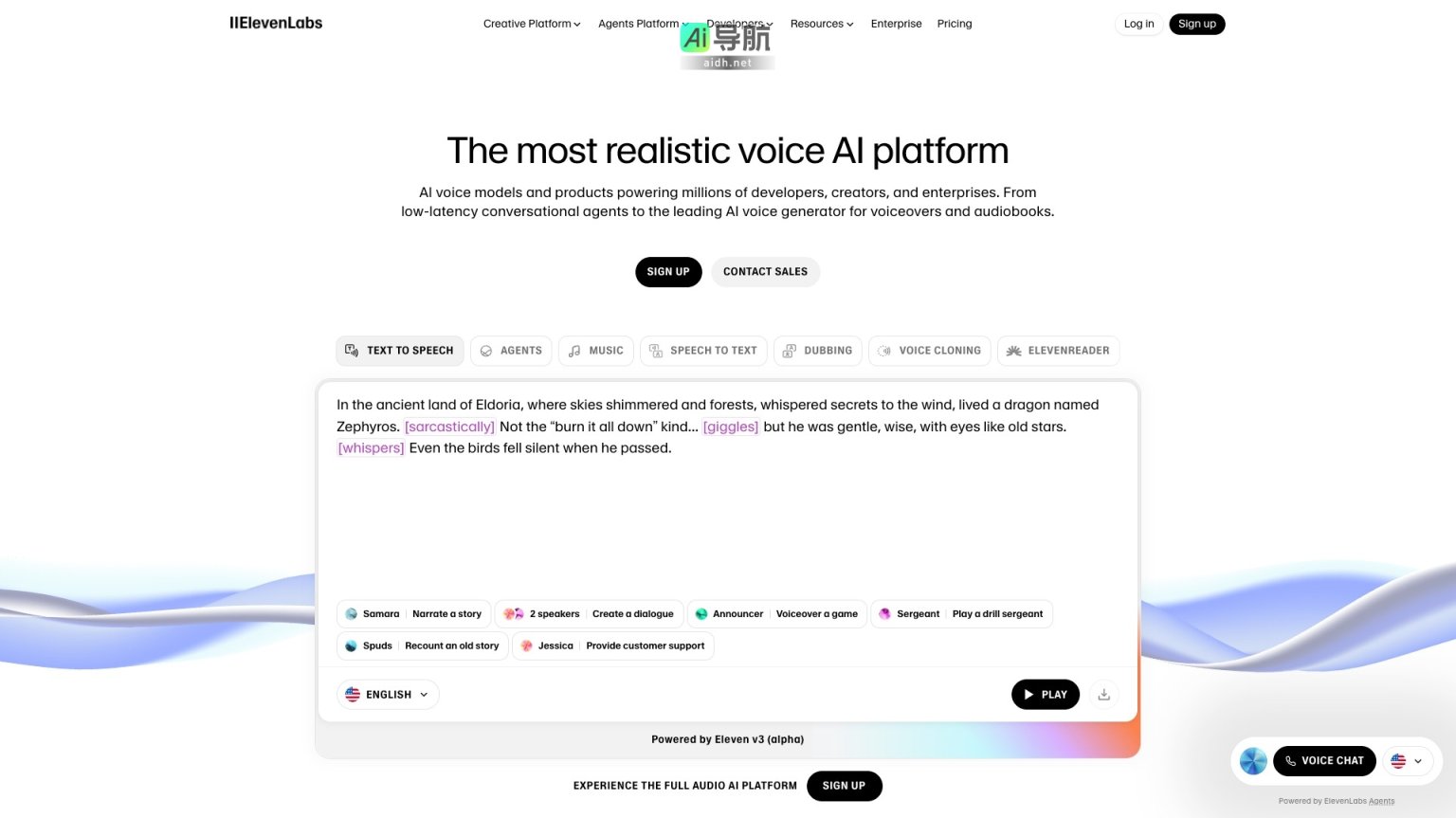 ElevenLabs 是一个提供高质量AI语音生成和语音克隆的创意平台，服务开发者和企业 网站截图